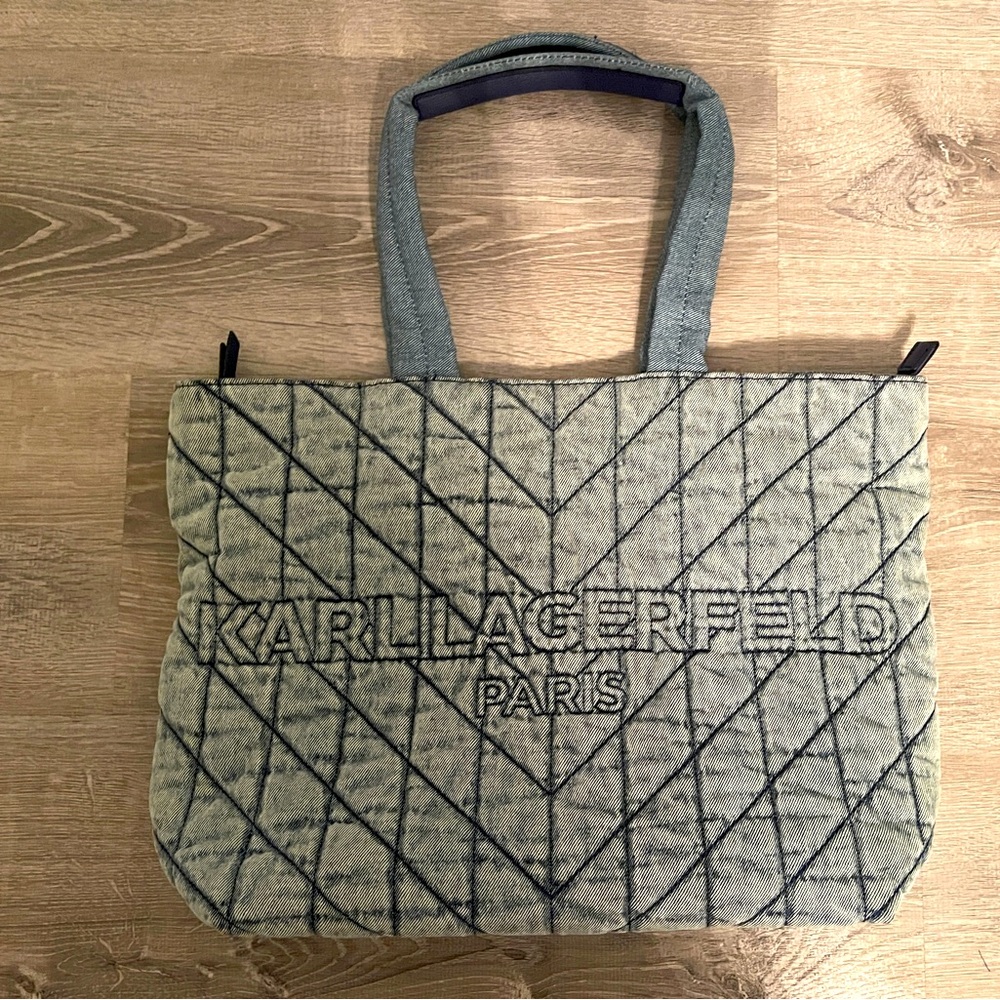 KARL LAGERFELD PARIS Amour Denim Quilted Tote in Washed Denim Blue